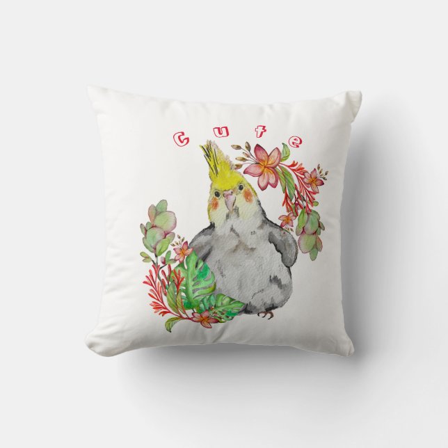 Coussin Parrot Corella mignonne dans les fleurs tropicales (Recto)