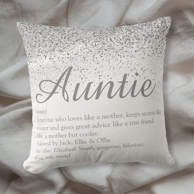 Coussin Parties scintillant d'argent meilleure jamais Tant (Silver Glitter Best Ever Auntie Aunt Definition Throw Pillow)