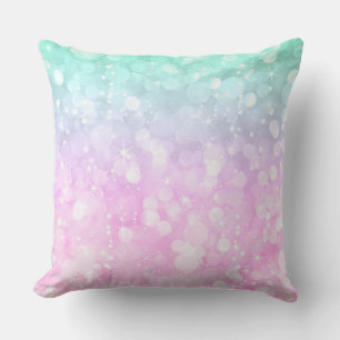 Coussin Parties scintillant de boukeh rose pastel et vert 