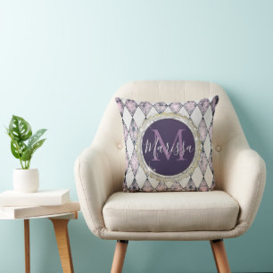 Coussin Parties scintillant de monogramme rose Bush Arlequ