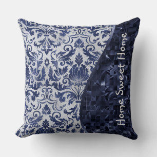 Coussin Parties scintillant en verre à motif Damas bleu Pe