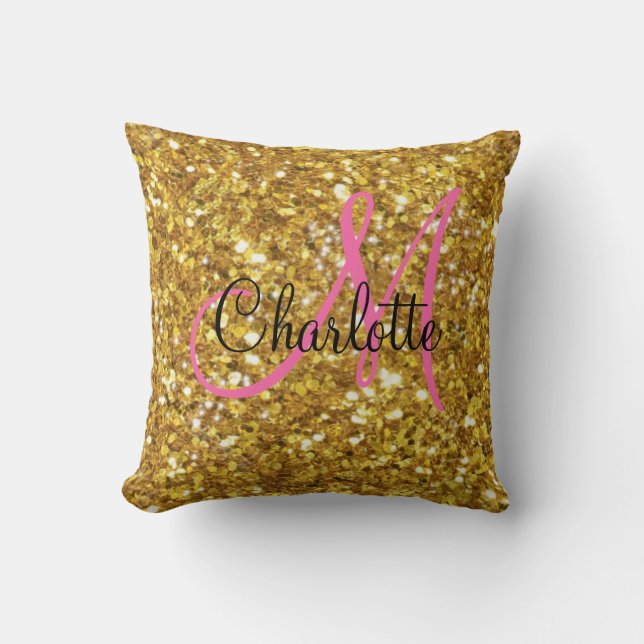 Coussin Parties scintillant étincelante or monogrammé (Recto)