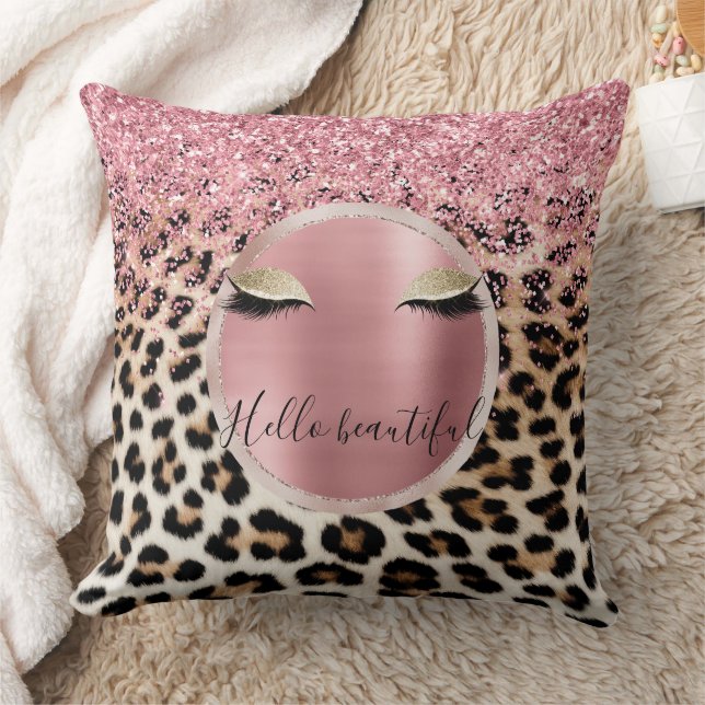 Coussin Parties scintillant rose éclatante cils d'or léopa (Couverture)