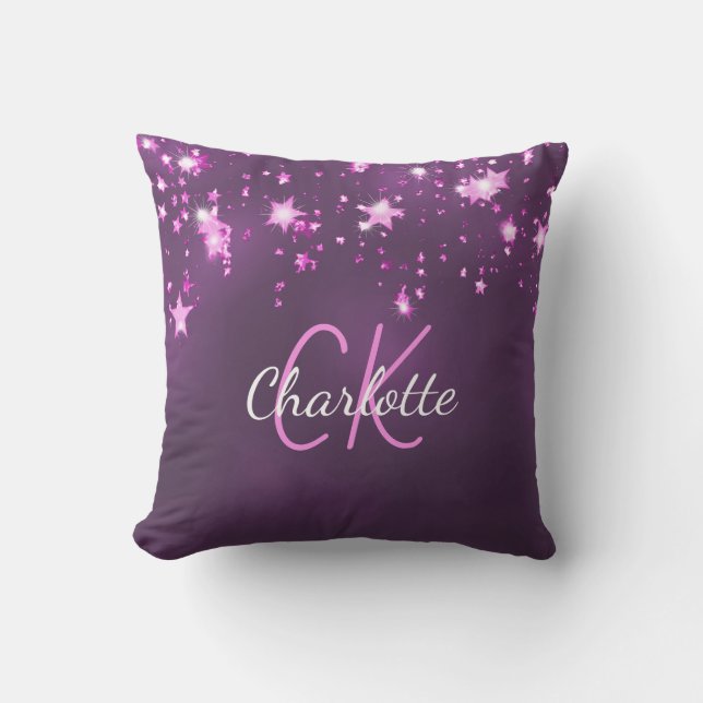 Coussin Parties scintillant rose violet étoiles nom monogr (Recto)
