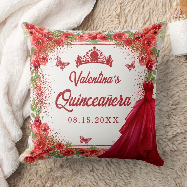 Coussin Parties scintillant rouge Floral Quinceanera (Couverture)