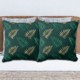Coussin Parties scintillant verte et or sur Feuilles tropi