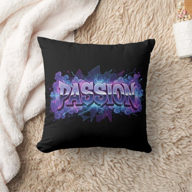 Coussin Passion Cyberpunk Typography – Vibrant Modern Word (Couverture)
