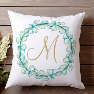 Coussin Pastel Aquarelle Eucalyptus Wreath Monogramme