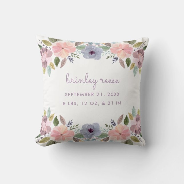 Coussin Pastel Aquarelle Florale Informations sur la naiss (Recto)