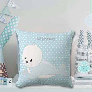 Coussin Pastel Blue Polka-Dot Baby Arctic Seal Monogramme
