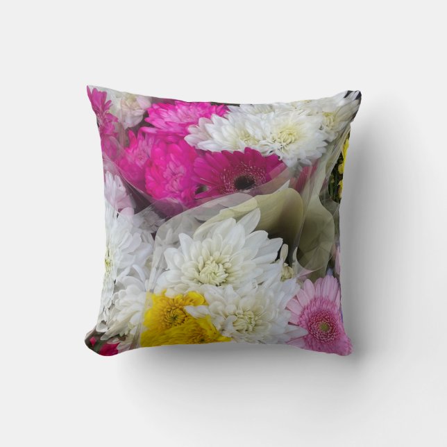 Coussin Pastel Floral Rose, Jaune & Blanc Chrysanthème (Recto)