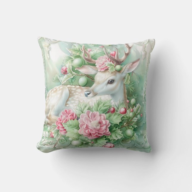 Coussin Pastel Pink and Green Christmas Throw Pillow (Recto)