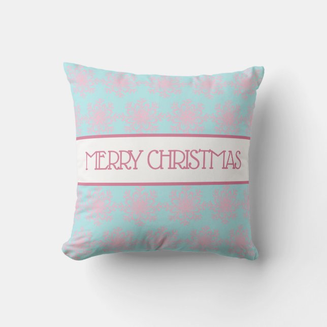 Coussin Pastel Pink Blue Snowflakes Joyeux Noël (Recto)