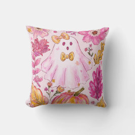 Coussin Pastel Pink Halloween Ghost with Flowers and Pumpk