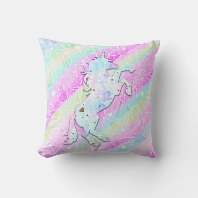 Coussin Pastel Rainbow Diamonds & Stars Magique Unicorn (Recto)