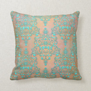 Coussin Pastel sarcelle sur damas fancée dorée pêche
