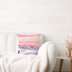 Coussin Pastel Watercolor Ski Mountain Sunset