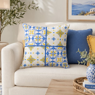 Coussin Patchwork de carreaux méditerranéens bleu jaune