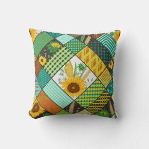 Coussin Patchwork de céréales, tournesols, motif géométriq