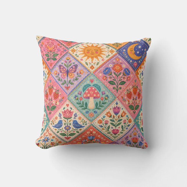 Coussin Patchwork de Folklore Céleste Champignon Soleil Lu (Recto)
