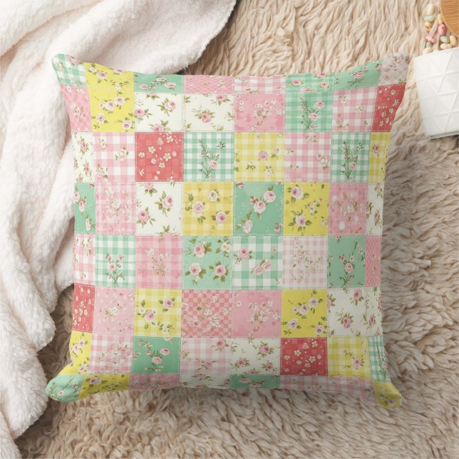 Coussin Patchwork Floral Gingham Pastel Maison de Campagne (Couverture)
