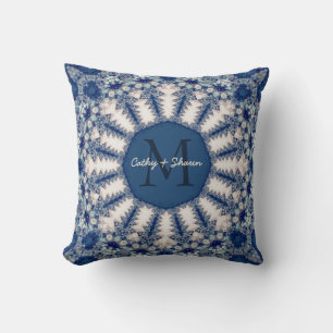 Coussin Patchwork fractal Monogramme Marine Bleu+Croûte