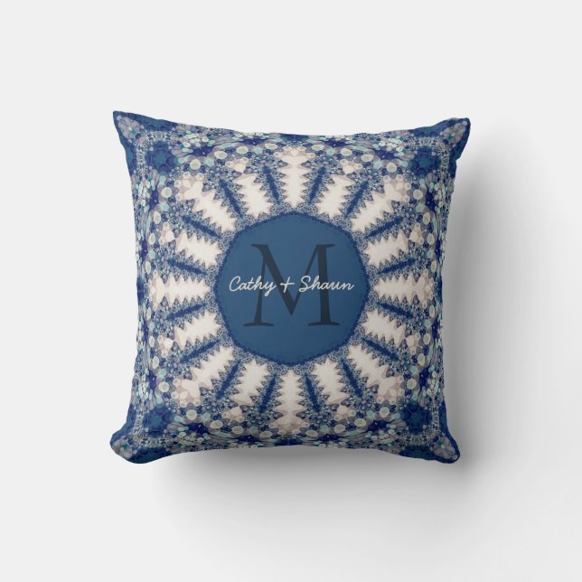 Coussin Patchwork fractal Monogramme Marine Bleu+Croûte à  (Recto)