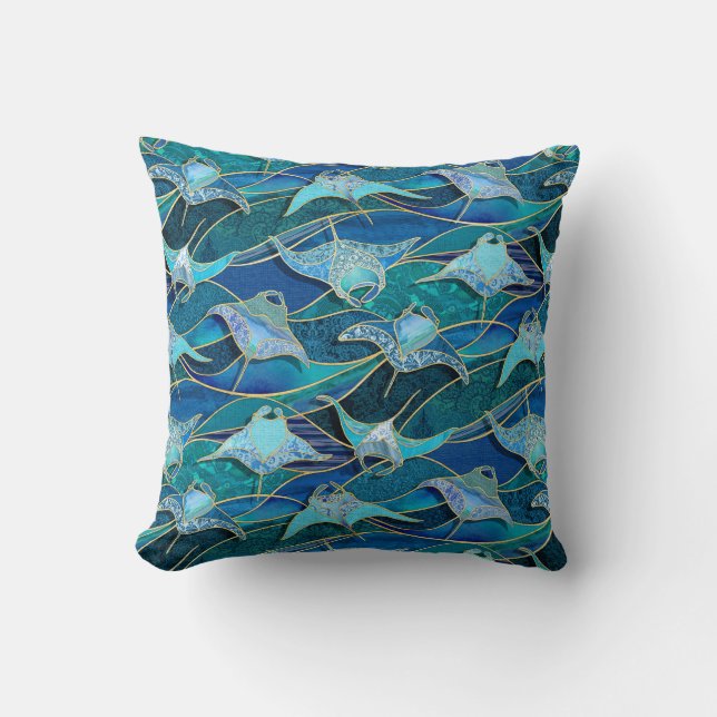 Coussin Patchwork Manta Rays en Sapphire bleu turquoise (Recto)