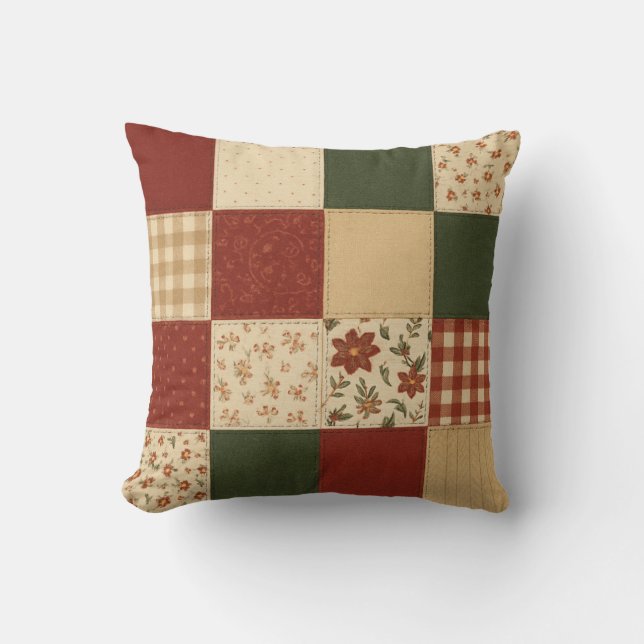Coussin Patchwork Rouge Vert Quilt Rustique Ferme (Recto)