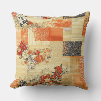 Coussin Patchwork Vintage japonais de kimono orange