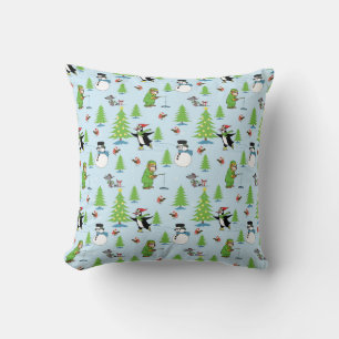 Coussin Patinage de pingouin de Noël et pêcheur d'ours
