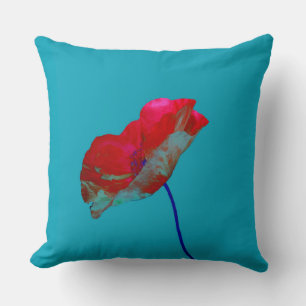 Coussin Pavot bleu rouge sur bleu clair