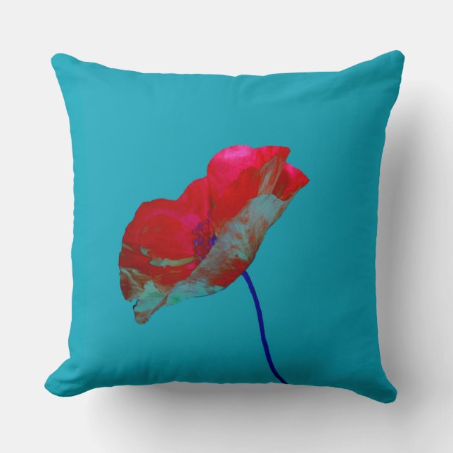 Coussin Pavot bleu rouge sur bleu clair (Recto)