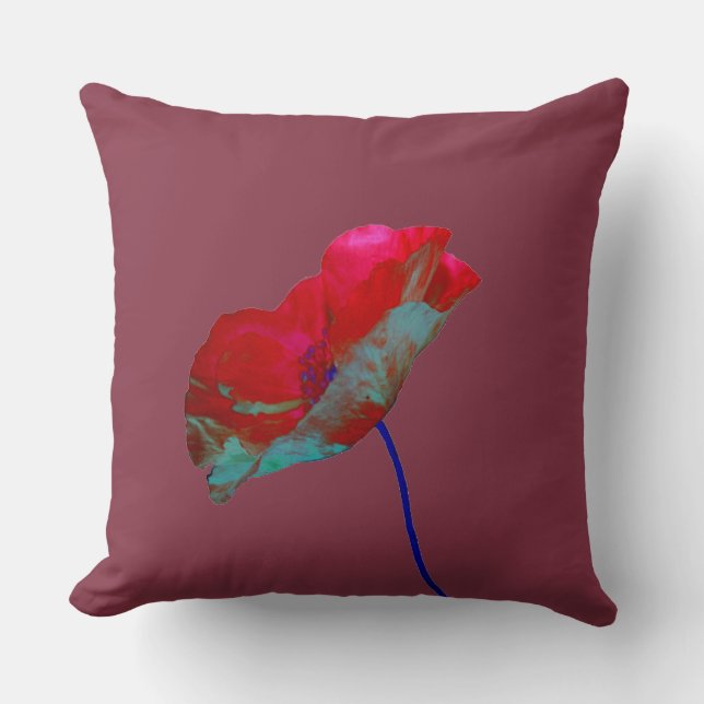 Coussin Pavot bleu rouge sur rouge bordeaux (Recto)