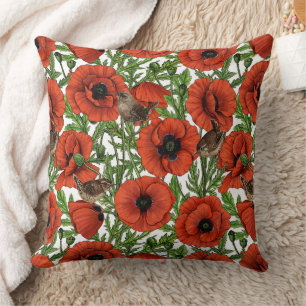 Coussin Pavot rouge et brindilles, feuilles verts sur blan