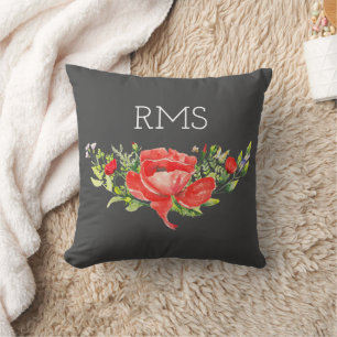 Coussin Pavot rouge sur gris Monogramme personnalisable