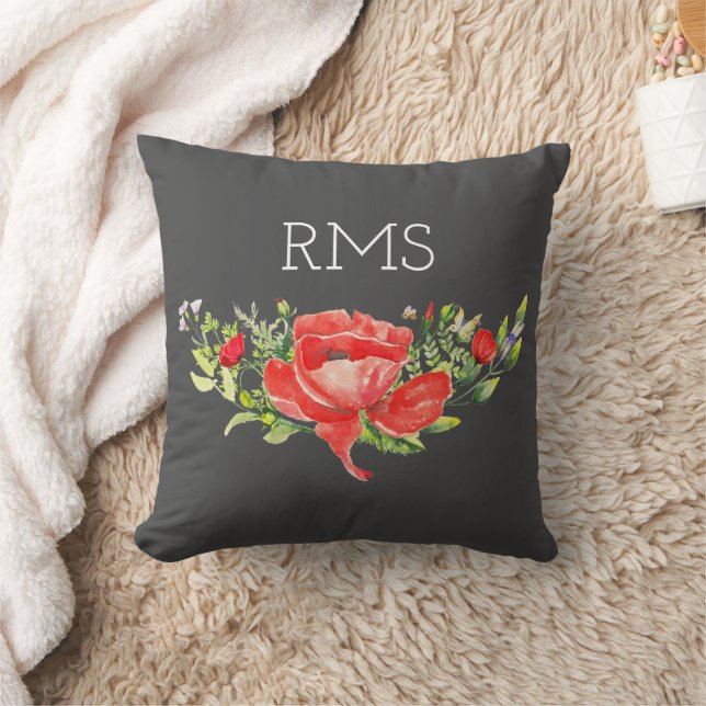 Coussin Pavot rouge sur gris Monogramme personnalisable (Couverture)