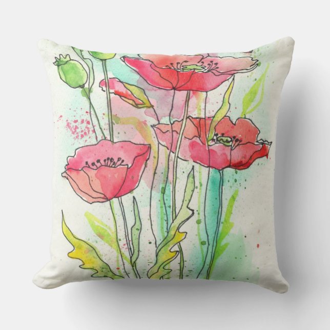 Coussin Pavots peints d'aquarelle (Recto)