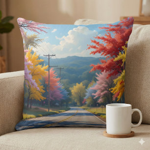 Coussin Paysage à l'aquarelle de route de campagne automna