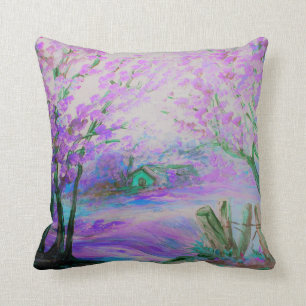 Coussin Paysage abstrait rose avec les arbres et le