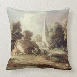 Coussin Paysage avec une église, cottage, villageois et
