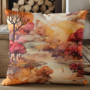 Coussin Paysage d'automne de rivière aux arbres bruns oran