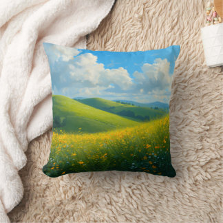 Coussin Paysage de collines vertes vibrantes et de fleurs
