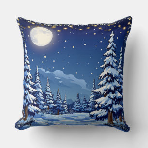 Coussin Paysage de forêt enneigée sous une nuit au clair d