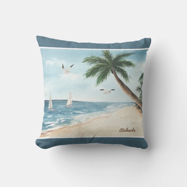 Coussin Paysage de plage avec voiliers Aquarelle Bleu (Recto)