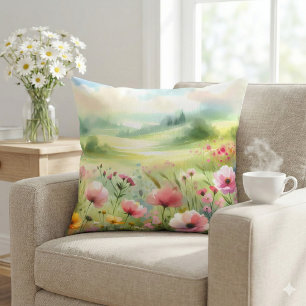 Coussin Paysage de prairie fleurie pastel