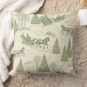 Coussin Paysage enneigé de Noël rustique en vert et crème