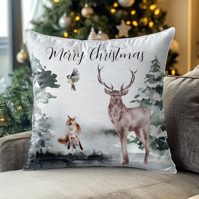 Coussin Paysage hivernal Aquarelle Stade Cerf Noël (Créateur téléchargé)