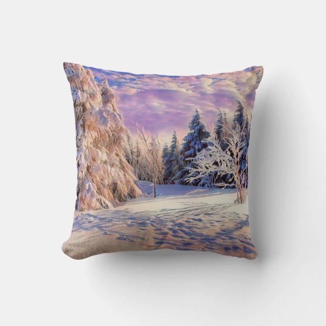 Coussin Paysage hivernal avec l'aquarelle des arbres neigé (Recto)