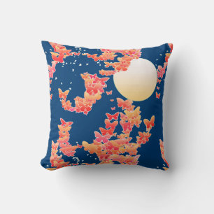 Coussin Paysage lunaire avec papillons - corail, bleu turq